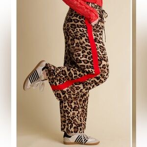 NWT Oddi Leopard Print Joggers with Red Stripe
